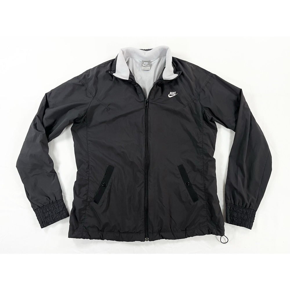Nike Silver Tag Windbreaker Jacket Women L Black 2008 Y2K Full Zip Track